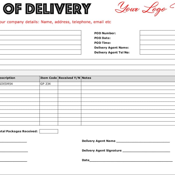 Plantilla de prueba de entrega imprimible y editable en formato Excel - A4 Landscape / Letter size