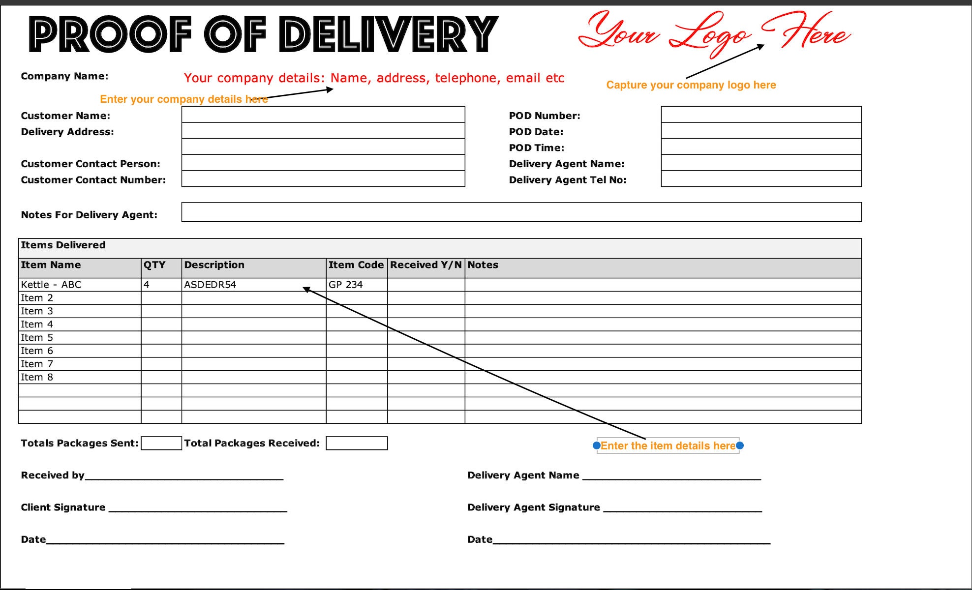 Printable and Editable Proof of Delivery Template in Excel Format - A4 ...