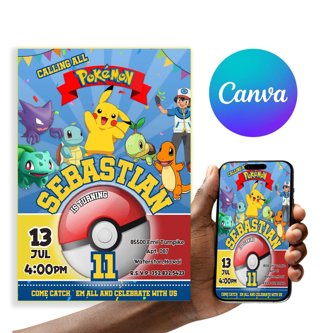 Editable Pokemon Birthday Invitation Template | Digital Canva Download ...