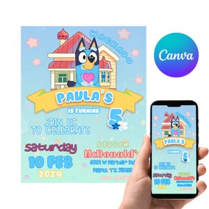 Editable Bluey Birthday Invitation Template - Digital Download for Canva - Customizable Party Invite