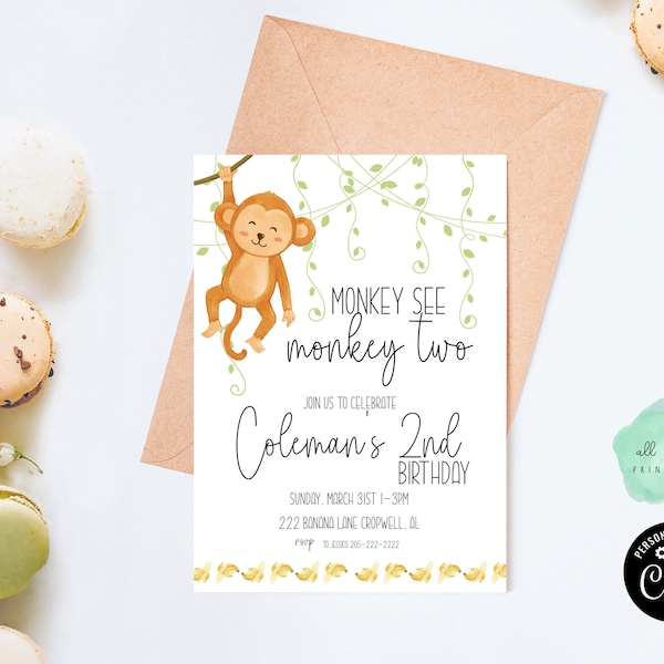 Monkey See Monkey Two Editable Invitation, Our Cheeky Monkey, Our Little Monkey