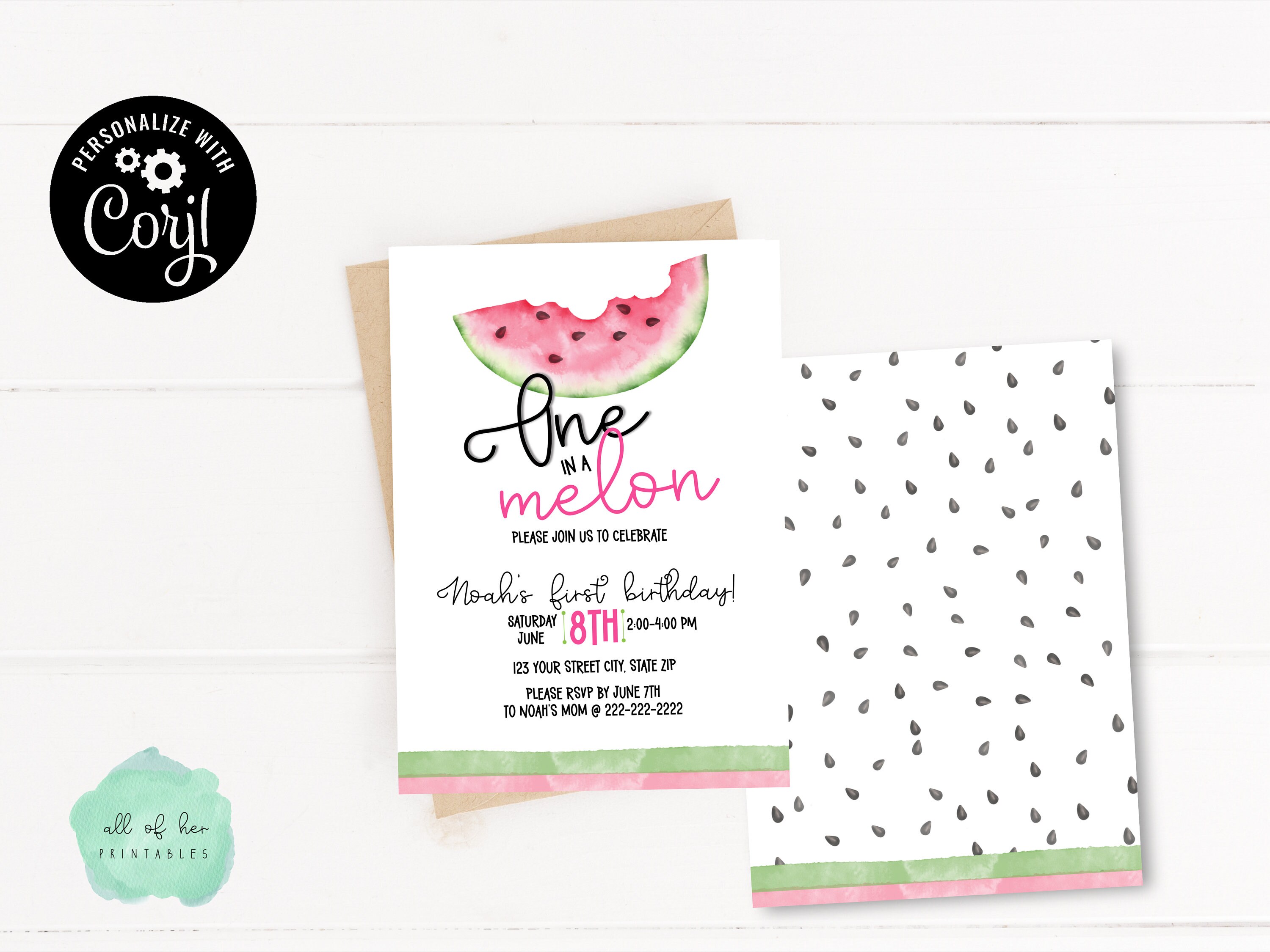 One in a Melon Birthday Invitation, Editable One in a Melon Birthday