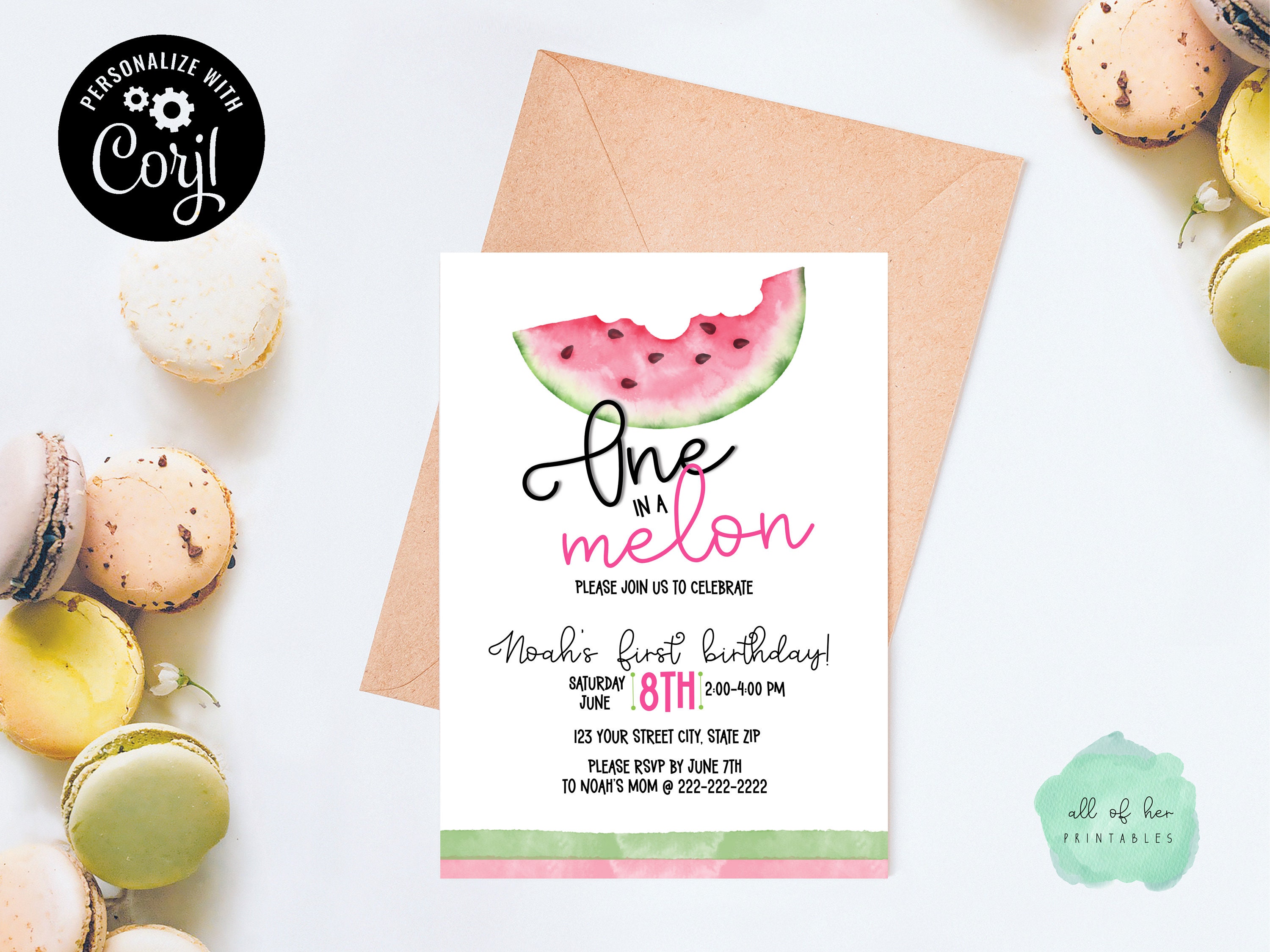 One in a Melon Birthday Invitation, Editable One in a Melon Birthday