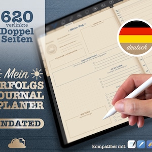 K&ouml;nnte beinhalten: Ein digitaler Planer mit braunem und beigefarbenem Einband. Der Einband tr&auml;gt den Text "Mein ERFOLGS JOURNAL & PLANER UNDATED" in goldenen Lettern. Der Planer ist auf einer Seite ge&ouml;ffnet, die eine To-Do-Liste, einen Abschnitt f&uuml;r t&auml;gliche Affirmationen und einen Abschnitt f&uuml;r "Me Time" enth&auml;lt. Der Planer ist kompatibel mit einem Stift und anderen digitalen Werkzeugen. Das Bild zeigt auch eine deutsche Flagge mit dem Wort "deutsch" darunter.
