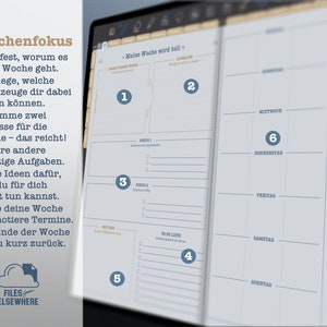 K&ouml;nnte beinhalten: Ein Wochenplaner in blau-wei&szlig;er Farbgebung. Der Planer hat einen Bereich f&uuml;r den Wochenfokus, t&auml;gliche Aufgaben und To-Do-Listen. Der Text auf dem Planer lautet "Meine Woche wird toll" und bedeutet "Meine Woche wird toll".