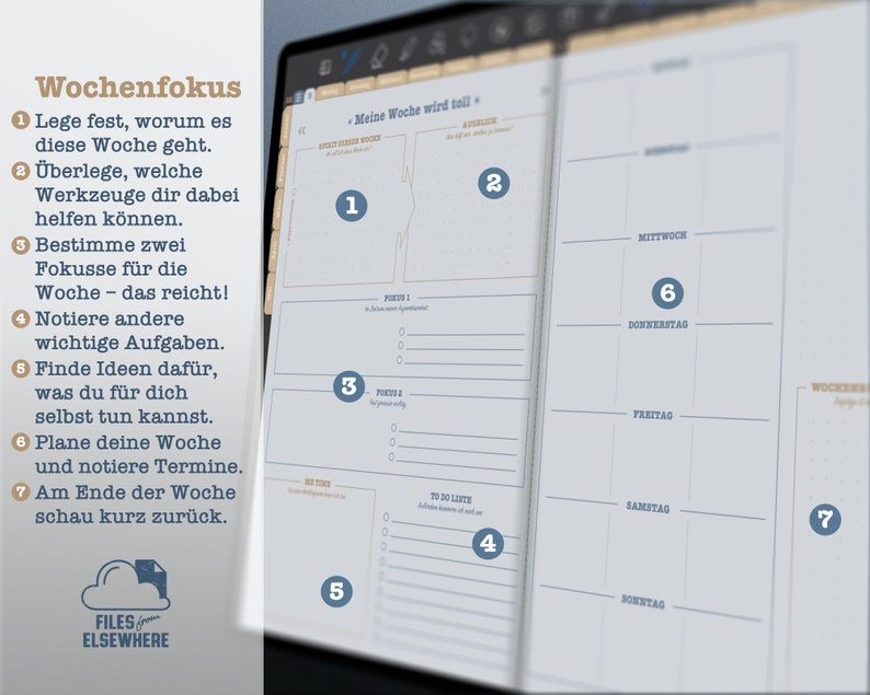 K&ouml;nnte beinhalten: Ein Wochenplaner in blau-wei&szlig;er Farbgebung. Der Planer hat einen Bereich f&uuml;r den Wochenfokus, t&auml;gliche Aufgaben und To-Do-Listen. Der Text auf dem Planer lautet "Meine Woche wird toll" und bedeutet "Meine Woche wird toll".