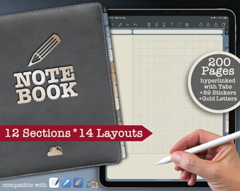 Digitales Notizbuch mit 12 Hyperlink-Abschnitten. Noteshelf Notability Goodnotes Vorlage.
