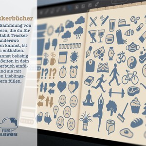 K&ouml;nnte beinhalten: Ein digitaler Planer in blau-wei&szlig;er Farbgebung. Der Planer ist auf einer Seite mit einer Vielzahl von blauen Symbolen ge&ouml;ffnet, darunter eine Dusche, ein Glas Wasser, ein Buch, ein Fahrrad, ein Cupcake und ein Baum. Der Text "Stickerb&uuml;cher" ist oben auf der Seite sichtbar.