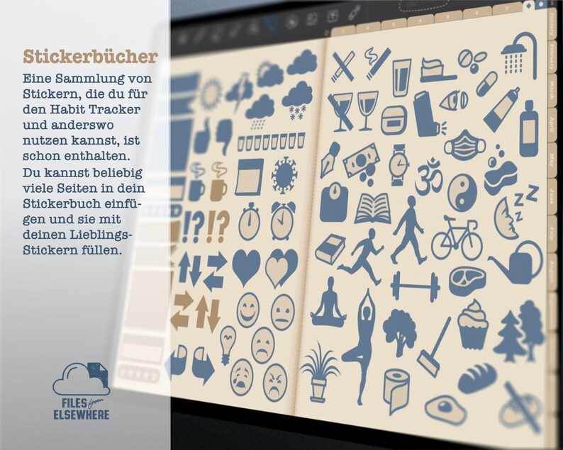 K&ouml;nnte beinhalten: Ein digitaler Planer in blau-wei&szlig;er Farbgebung. Der Planer ist auf einer Seite mit einer Vielzahl von blauen Symbolen ge&ouml;ffnet, darunter eine Dusche, ein Glas Wasser, ein Buch, ein Fahrrad, ein Cupcake und ein Baum. Der Text "Stickerb&uuml;cher" ist oben auf der Seite sichtbar.