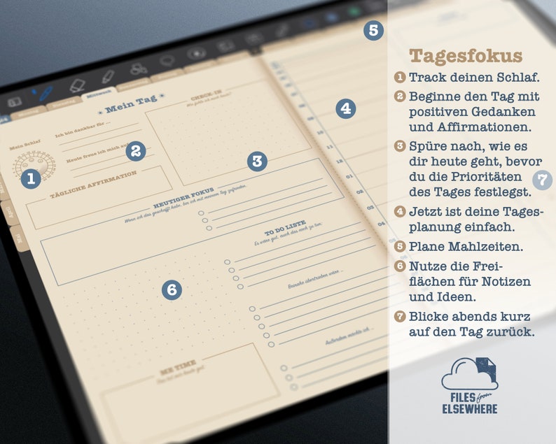K&ouml;nnte beinhalten: Ein beiger Planer mit einem Tagesplan und einem Abschnitt f&uuml;r t&auml;gliche Affirmationen. Der Planer hat eine blaue und wei&szlig;e Wolkengrafik mit dem Text "FILES from ELSEWHERE" unten.