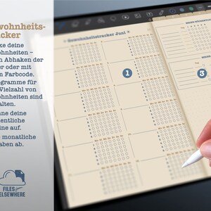 K&ouml;nnte beinhalten: Ein monatlicher Gewohnheitstracker mit beigefarbenem Hintergrund und einem Raster aus Kreisen zur Verfolgung t&auml;glicher Gewohnheiten. Der Tracker ist in drei Abschnitte unterteilt: "Verfolge deine Gewohnheiten", "W&ouml;chentliche Routine" und "Monatliche Aufgaben".