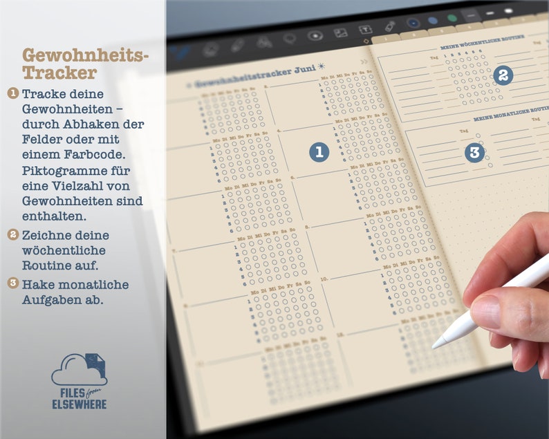 K&ouml;nnte beinhalten: Ein monatlicher Gewohnheitstracker mit beigefarbenem Hintergrund und einem Raster aus Kreisen zur Verfolgung t&auml;glicher Gewohnheiten. Der Tracker ist in drei Abschnitte unterteilt: "Verfolge deine Gewohnheiten", "W&ouml;chentliche Routine" und "Monatliche Aufgaben".