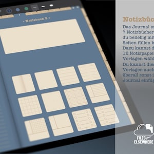 K&ouml;nnte beinhalten: Eine blaue digitale Notizbuch-Oberfl&auml;che mit dem Text "Notizbuch 3." und einer Auswahl von 12 verschiedenen Seitenvorlagen. Die Vorlagen umfassen linierte, karierte, gepunktete und leere Seiten.