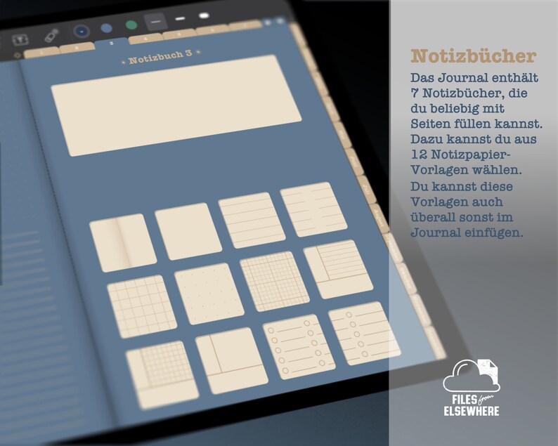 K&ouml;nnte beinhalten: Eine blaue digitale Notizbuch-Oberfl&auml;che mit dem Text "Notizbuch 3." und einer Auswahl von 12 verschiedenen Seitenvorlagen. Die Vorlagen umfassen linierte, karierte, gepunktete und leere Seiten.