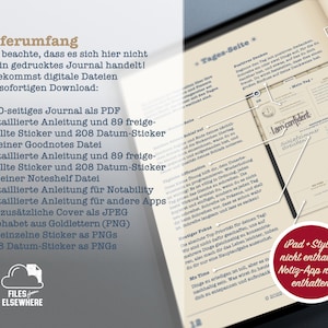 K&ouml;nnte beinhalten: Nahaufnahme einer Seite aus einem Journal mit dem Text "Lieferumfang" oben. Die Seite listet die digitalen Dateien auf, die im Kauf enthalten sind, darunter ein 620-seitiges Journal, Anleitungen, Sticker und Cover-Art. Der Text "iPad + Stylus nicht enthalten Notiz-App nicht enthalten" ist in der unteren rechten Ecke sichtbar.