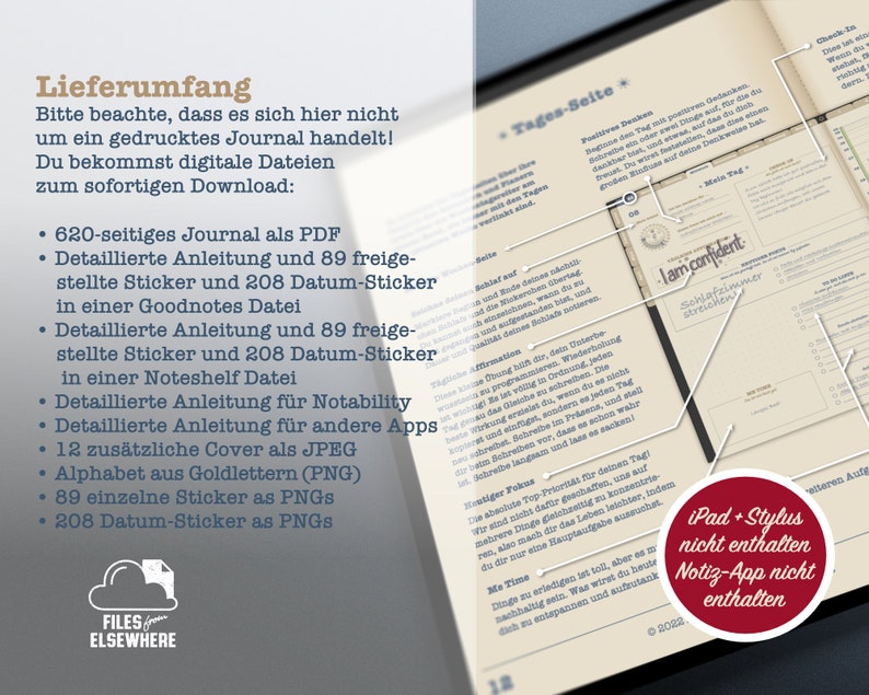 K&ouml;nnte beinhalten: Nahaufnahme einer Seite aus einem Journal mit dem Text "Lieferumfang" oben. Die Seite listet die digitalen Dateien auf, die im Kauf enthalten sind, darunter ein 620-seitiges Journal, Anleitungen, Sticker und Cover-Art. Der Text "iPad + Stylus nicht enthalten Notiz-App nicht enthalten" ist in der unteren rechten Ecke sichtbar.