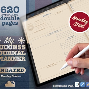 May include: A digital planner app on a tablet with a beige background and blue lines. The app is titled "My Success Journal & Planner" and is undated. The app has sections for daily affirmations, today's focus, to do list, and me time. The app is compatible with Apple Pencil.