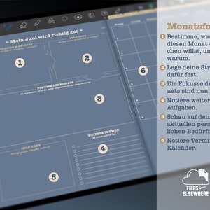 K&ouml;nnte beinhalten: Ein blau-wei&szlig;er Planer mit dem Text "Mein Juni wird richtig gut*" und nummerierten Schritten f&uuml;r die monatliche Planung. Die Schritte umfassen "Motivation & Antriebe", "Strategie", "Fokusse des Monats", "Weitere Themen", "Self-Care" und "Monatsfokus".
