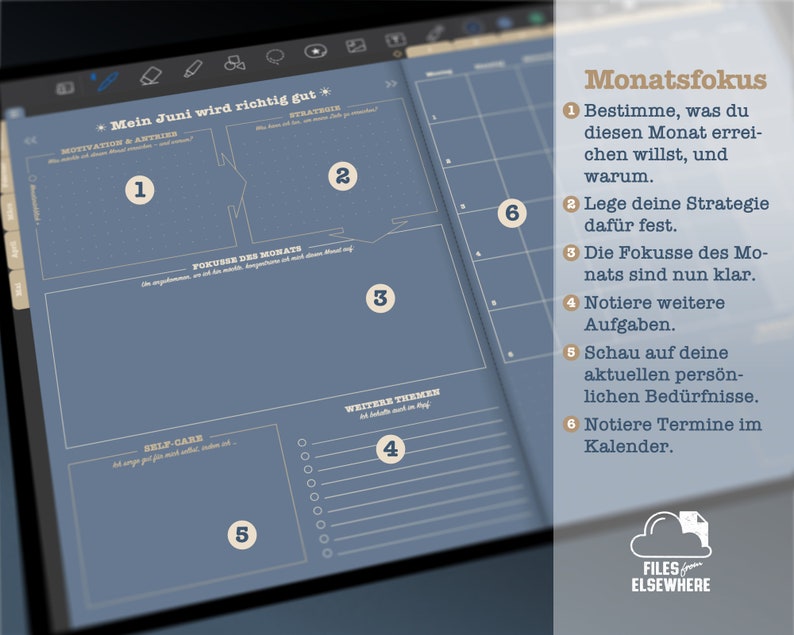 K&ouml;nnte beinhalten: Ein blau-wei&szlig;er Planer mit dem Text "Mein Juni wird richtig gut*" und nummerierten Schritten f&uuml;r die monatliche Planung. Die Schritte umfassen "Motivation & Antriebe", "Strategie", "Fokusse des Monats", "Weitere Themen", "Self-Care" und "Monatsfokus".