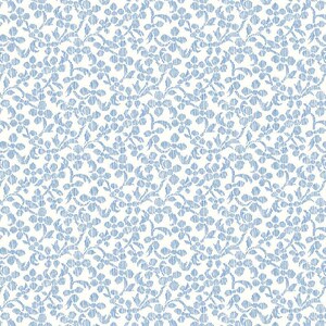 Peut inclure: Motif floral bleu clair répété sur fond blanc. Le motif présente de petits groupes de fleurs et des vignes délicates, avec un aspect texturé et esquissé. Idéal pour le tissu ou le papier peint.
