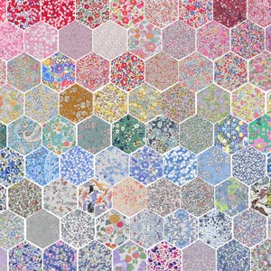 Peut inclure: Une courtepointe en patchwork composée de pièces de tissu hexagonales. Chaque pièce présente un imprimé floral différent dans diverses couleurs, notamment le rose, le bleu, le vert et le jaune.