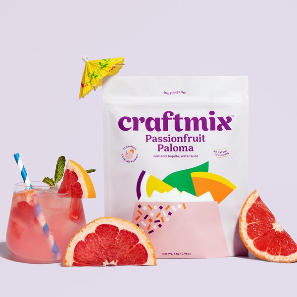 Craftmix Cocktail Mix Passionfruit Paloma Flavor Skinny Natural Low Sugar Craft Drink Mixer Set Kit, Liquor & Non Alcoholic Mocktail 12 Pack