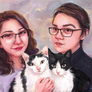 May include: Digital portrait of two people with two cats. The people are wearing glasses and are smiling. One cat is black and white, and the other is white and black. The background is a mix of colors.