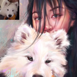 May include: Digital painting of a woman and a fluffy white dog. The woman has dark hair and is partially obscured. The dog is a Samoyed breed, with a soft, white coat. The dog is wearing a yellow and orange patterned scarf. The artwork is signed "Pebbles".