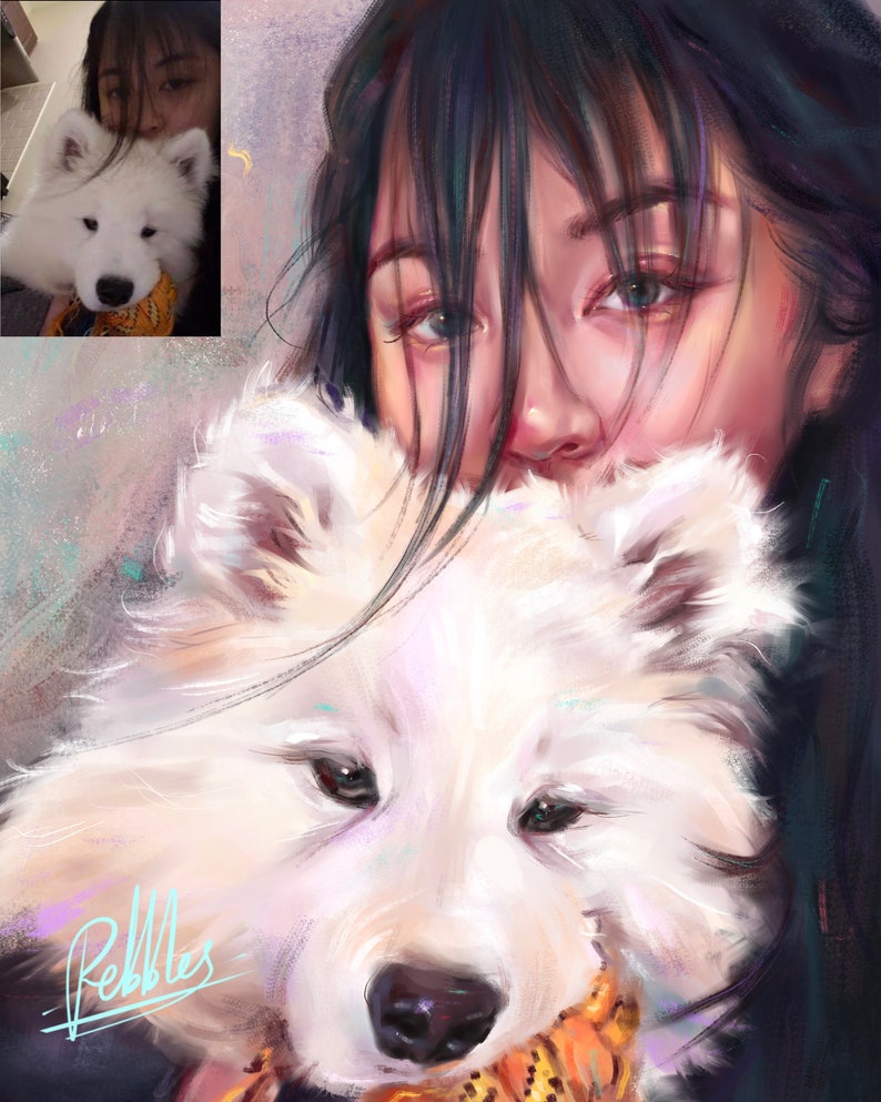 May include: Digital painting of a woman and a fluffy white dog. The woman has dark hair and is partially obscured. The dog is a Samoyed breed, with a soft, white coat. The dog is wearing a yellow and orange patterned scarf. The artwork is signed "Pebbles".