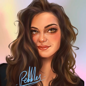 Puede incluir: Una pintura digital de una mujer con el pelo largo, casta&ntilde;o y ondulado. Ella est&aacute; mirando al espectador con una leve sonrisa. El fondo es un degradado suave y pastel.