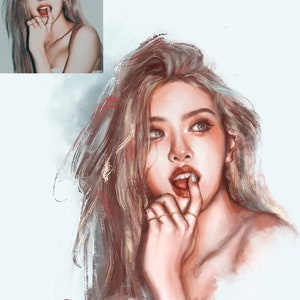 May include: Digital art portrait of a person with long, wavy, light brown hair and fair skin. The person is looking up with a finger in their mouth, wearing gold rings. The art style is painterly.