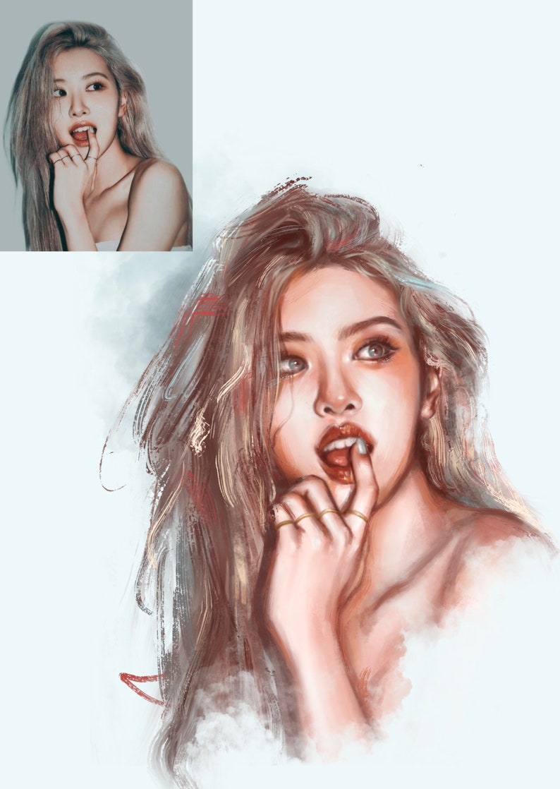 May include: Digital art portrait of a person with long, wavy, light brown hair and fair skin. The person is looking up with a finger in their mouth, wearing gold rings. The art style is painterly.
