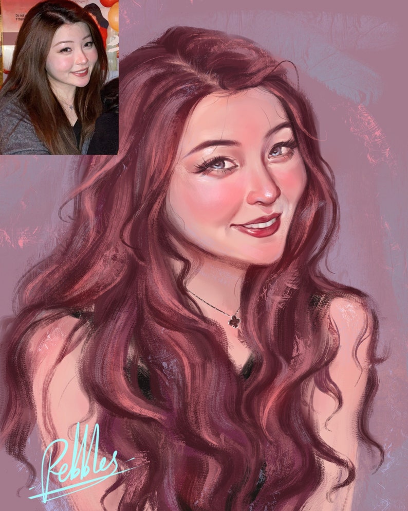 May include: Digital portrait of a woman with long, wavy auburn hair and a warm smile. The artwork features a soft, painterly style with rosy cheeks and a delicate necklace. A smaller photo of the subject is in the upper left corner. The artist's signature, "Pebbles," is in the lower left.