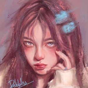 May include: A digital painting of a person with long, auburn hair and blue eyes. The artwork features a soft, painterly style with a focus on the subject's face and expression. The artist's signature, "Pebbles", is visible in the lower left corner.