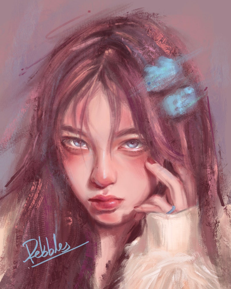 May include: A digital painting of a person with long, auburn hair and blue eyes. The artwork features a soft, painterly style with a focus on the subject's face and expression. The artist's signature, "Pebbles", is visible in the lower left corner.
