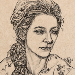 May include: A black and white pencil drawing of a woman with long, braided hair. She is wearing a light-colored shirt with a floral pattern. The drawing is on a brown paper background.
