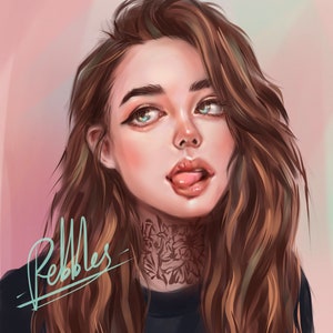 Puede incluir: Una pintura digital de una mujer con cabello largo y casta&ntilde;o, que lleva una camiseta negra con un tatuaje floral en el cuello. La mujer est&aacute; mirando hacia arriba y sacando la lengua.