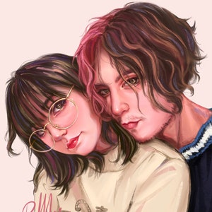 May include: A couple poses for a portrait. The woman is wearing glasses and a cream-colored sweater with a tiger graphic and Japanese text. The man has pink and brown hair and is wearing a blue sweater with a white stripe.
