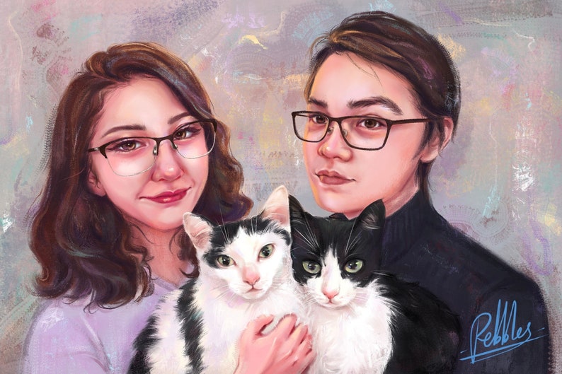 May include: Digital portrait of two people with two cats. The people are wearing glasses and are smiling. One cat is black and white, and the other is white and black. The background is a mix of colors.