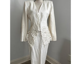 Vintage Romantic Pleated Skirt Suit Set Wedding Bridal White Cream 6 Old Money