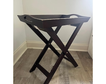 Dark Wood Folding Butler Tray Table Woven Bamboo Inlay Removable Serving Tray