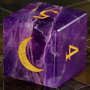 Natural Amethyst DND Dice Set, Crescent Moon Gemstone Dice, Hand Carved Purple Crystal Polyhedral Dice, Witchy Celestial Gift for GM