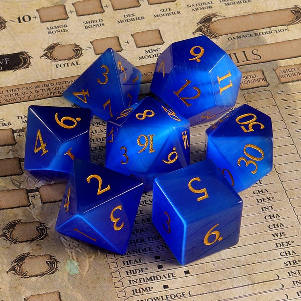 Blue Cat's Eyes DnD Dice Set | GemStone Dnd Dice Set| Dungeons and Dragons Tabletop Gaming RPG DND Role Polyhedra Gming Dice Set