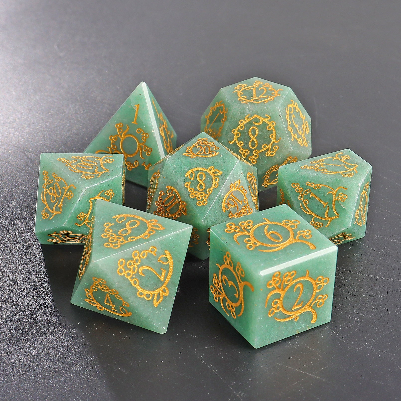 Natural Green Jade DnD Dice Set |Natual Stone Gift For Dnd| Garden Vineman Carving Dnd Tabletop Gaming RPG DND Role Polyhedra Gming Dice Set