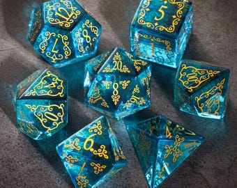 Blue Glass DnD Dice Set, Vintage Vine Engraved Gemstone Polyhedral Dice, Full 7‑Piece Dice for D&D TRPG COC, Tabletop RPG Gift for Gamers