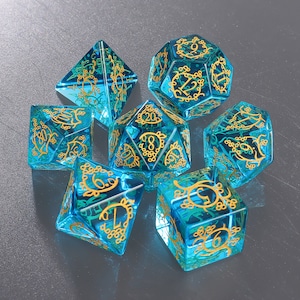 Full Set Vine Blue Glass Polyhedral Dnd Dice Set Gemstone Set|Crystal D20| Dungeons and Dragons Tabletop Gaming RPG DND Role Polyhedra Gming