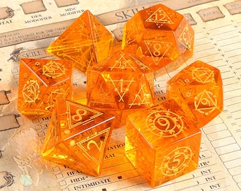 Full Set Star Orange Glass Polyhedral Dnd Dice Set Gemstone Set| Dungeons and Dragons Tabletop Gaming RPG DND Role Polyhedra Gming