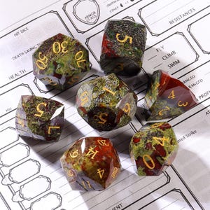 Natural Dungeons Bloodstone Set Multi-Faceted DnD Dice Set | Natual Stone Gift | Moss Agate for Dungeons and Dragons,RPG Game MTG Game|