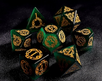 Dark Green DND Dice Set, Green Cat's Eye Sharp Edge D&D Dice Set, Dungeons and Dragons Polyhedral RPG Gemstone Dice Set
