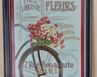 Framed cross stitch bicycle and flowers, finnished needlepoint ornament, vintage Paris wall decor